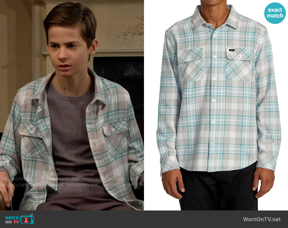 RVCA That'll Work Regular Fit Plaid Flannel Button-Up Shirt in Silver Bleach worn by Connor Newman (Judah Mackey) on The Young and the Restless
