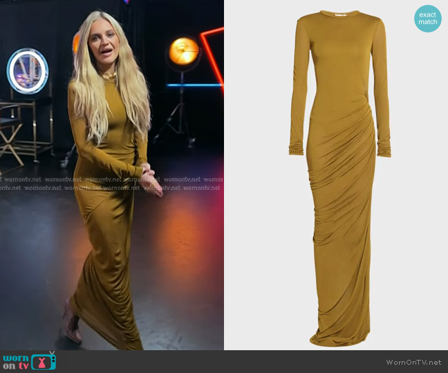 Saint Laurent Sheer Ruched Jersey Maxi Dress in Camel worn by Kelsea Ballerini on The Voice