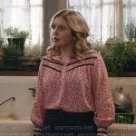 Sam’s red printed blouse with navy stripes on Ghosts