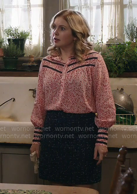 Sam’s red printed blouse with navy stripes on Ghosts