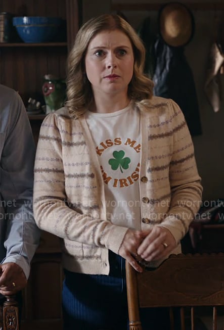 Sam’s beige striped cardigan on Ghosts