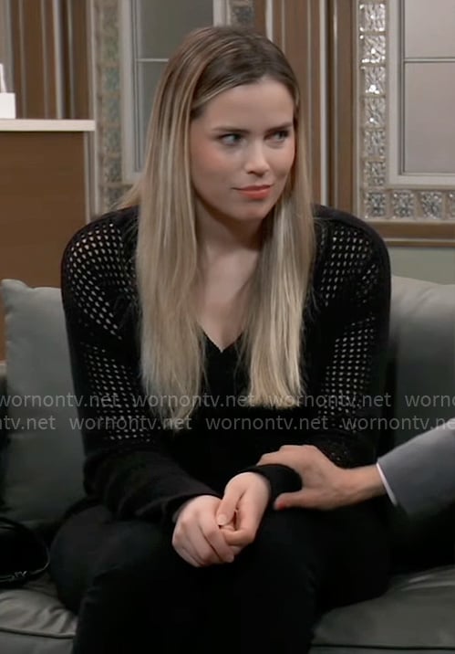 Sasha’s black open knit v-neck sweater on General Hospital