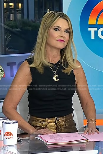 Savannah’s black sleeveless top and metallic skirt on Today