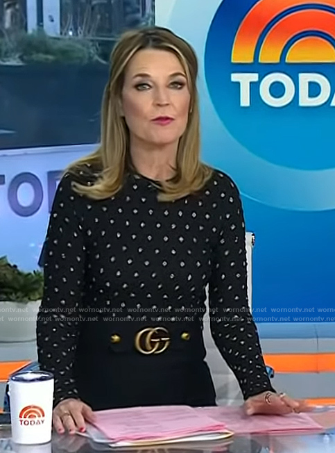 Savanah’s black metallic print smocked top on Today