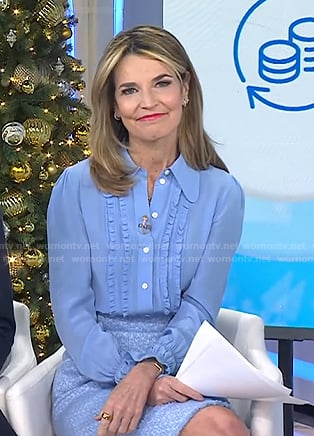 Savannah’s blue ruffle front blouse and tweed skirt on Today