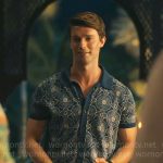 Saxon’s blue floral button down knit shirt on The White Lotus