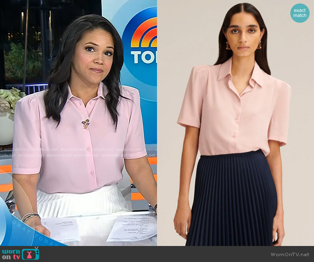 Scanlan Theodore Silk Gather Sleeve Shirt in Rose worn by Laura Jarrett on Today