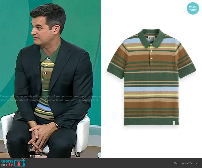 Scotch & Soda Stripe Textured Cotton Knit Polo in Sage Green Multi Stripe worn by Michael Kosta on Today