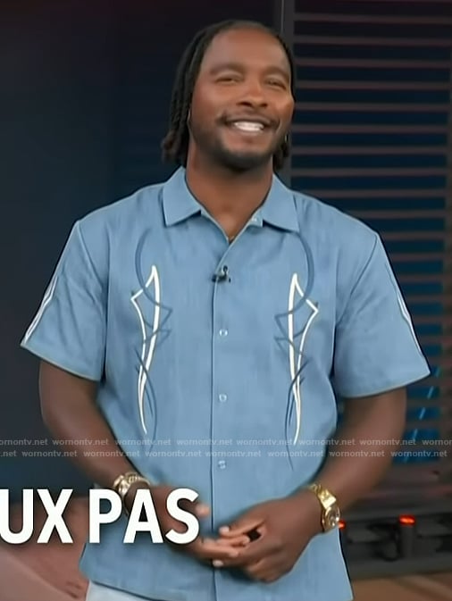 Scott’s embroidered shirt and jeans on Access Hollywood