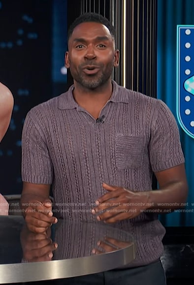 Justin’s purple knit polo on E! News