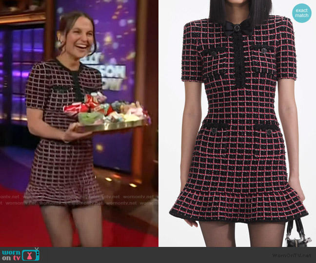 Self Portrait Checked knitted minidress worn by Alicia Vikander on The Kelly Clarkson Show