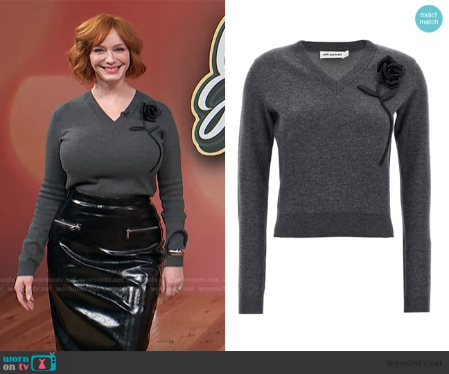 Self Portrait Charcoal Black Rose Jumper worn by Christina Hendricks on Access Hollywood