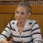 Sharon’s white striped polo sweater on The Young and the Restless