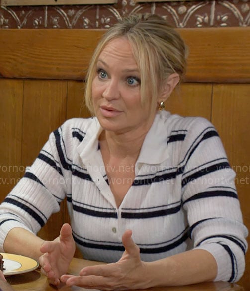 Sharon’s white striped polo sweater on The Young and the Restless