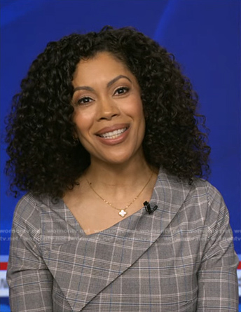Shirleen’s grey plaid asymmetric dress on Good Morning America