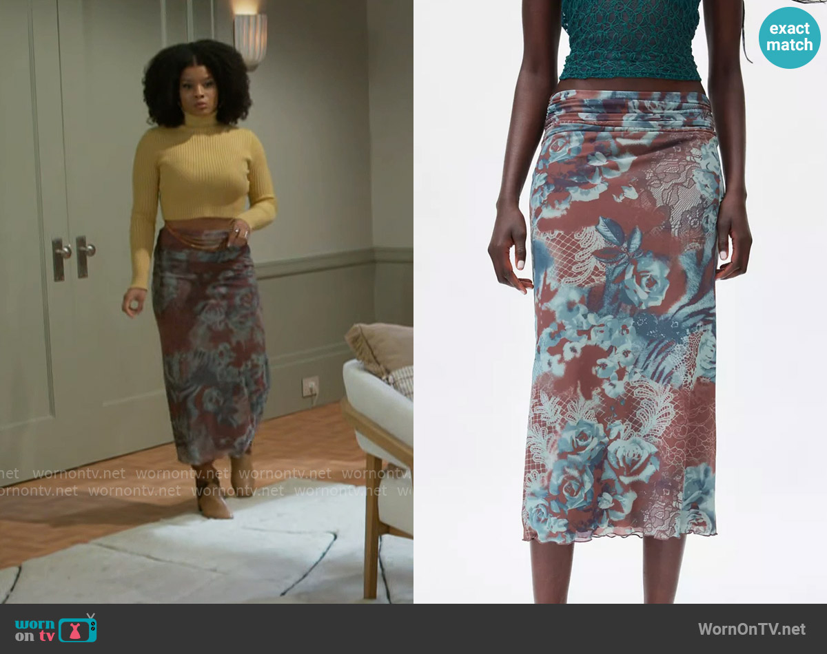 Silence + Noise Naomi Column Mesh Maxi Skirt worn by Eva Thomas (Ambyr Michelle) on Beyond the Gates