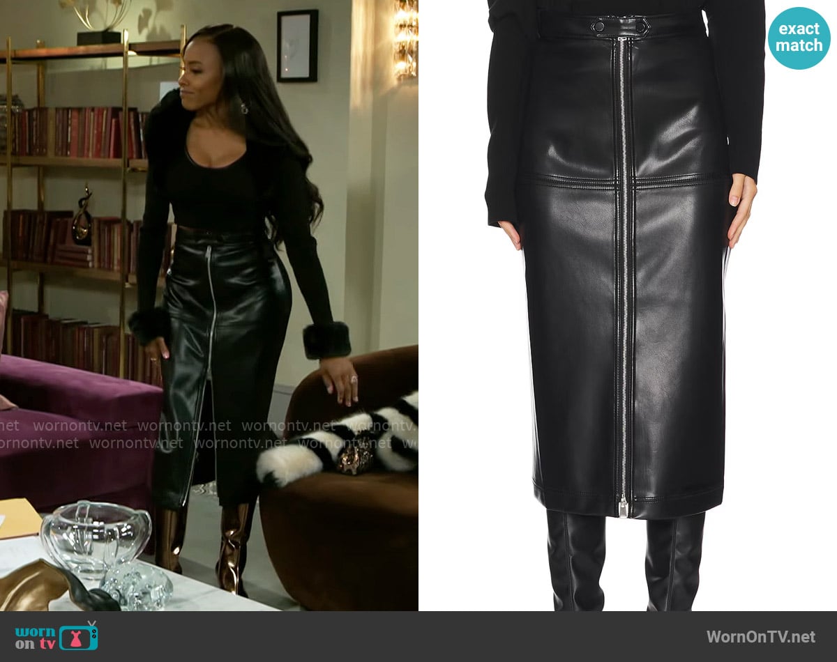 Simkhai Bianca Faux Leather Midi Skirt worn by Hayley Lawson (Marquita Goings) on Beyond the Gates