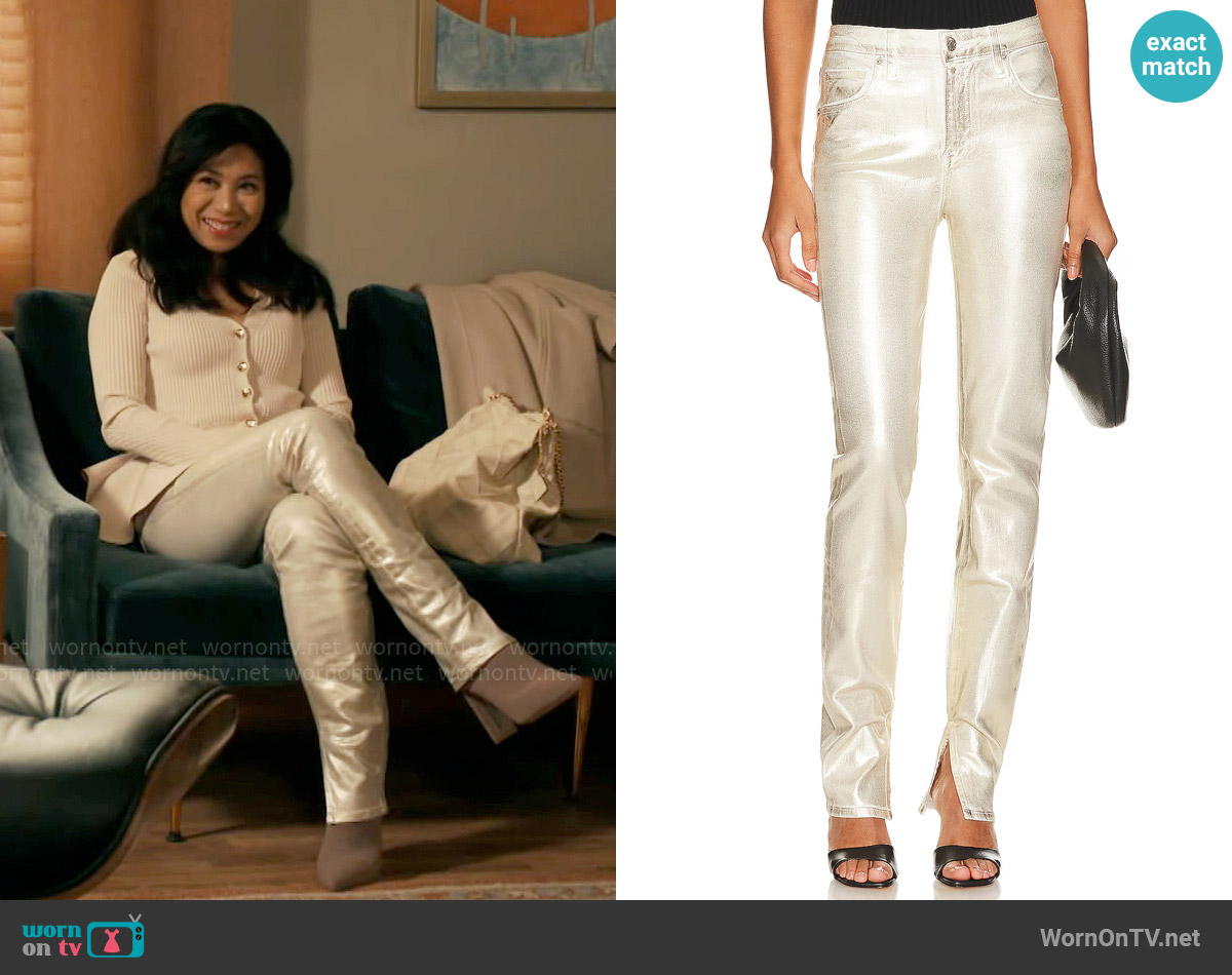 Simkhai Rae Jeans in Gold Foil worn by Melody Bayani (Liza Lapira) on The Equalizer