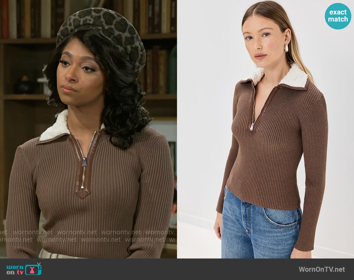 Simkhai Sherin Top in Chocolate worn by Kat Richardson (Colby Muhammad) on Beyond the Gates