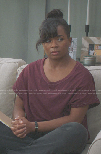 Simone’s purple stitched tee on Greys Anatomy