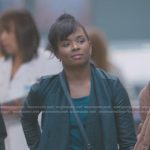 Simone’s teal draped front leather jacket on Greys Anatomy