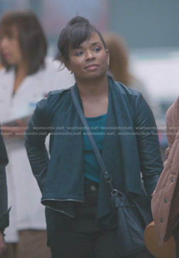 Simone’s teal draped front leather jacket on Greys Anatomy