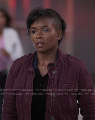 Simone’s burgundy utility jacket on Greys Anatomy