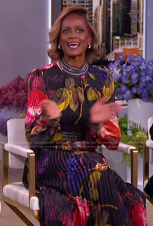 Skye P. Marshall’s black floral print maxi dress on The Jennifer Hudson Show