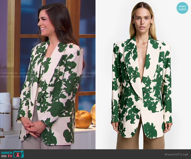 Smythe Shawl Collar Oversized Blazer in Green Floral worn by Erica Wark on Good Morning America