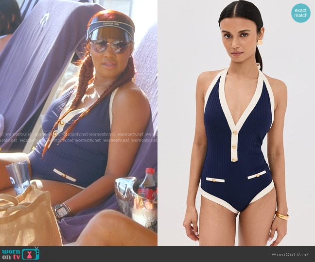 Staud Sandy One Piece in Navy Ivory worn by Garcelle Beauvais on The Real Housewives of Beverly Hills