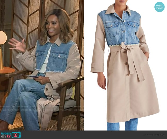 Steve Madden Soraya Mixed Media Coat worn by Zuri Hall on Access Hollywood
