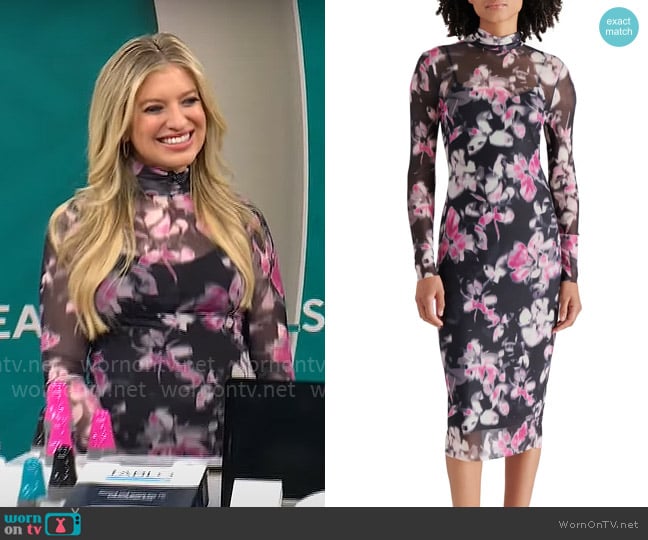 Steve Madden Vivienne Floral Long Sleeve Turtleneck Mesh Midi Dress worn by Ashley Bellman on CBS Mornings