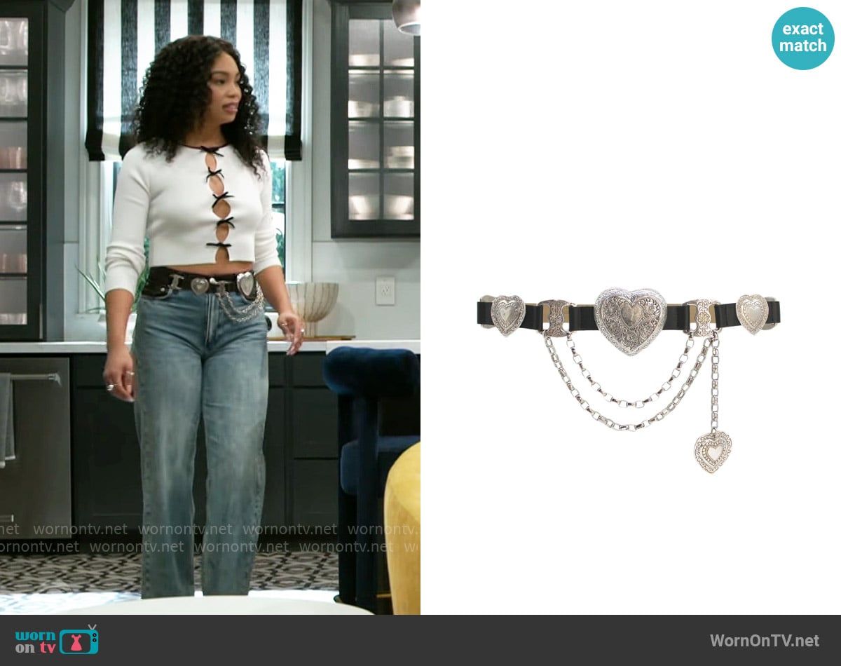 Streets Ahead Mia Heart Belt worn by Chelsea Hamilton (RhonniRose Mantilla) on Beyond the Gates