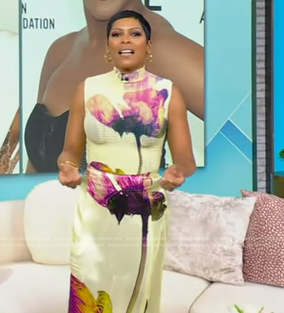 Tamron’s floral print ribbed top and satin skirt on Tamron Hall Show