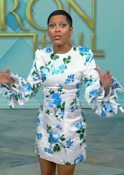 Tamron’s blue floral print mini dress on Tamron Hall Show