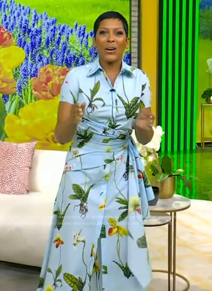 Tamron’s blue floral print dress on Tamron Hall Show