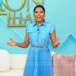 Tamron’s blue pleated shirtdress on Tamron Hall Show