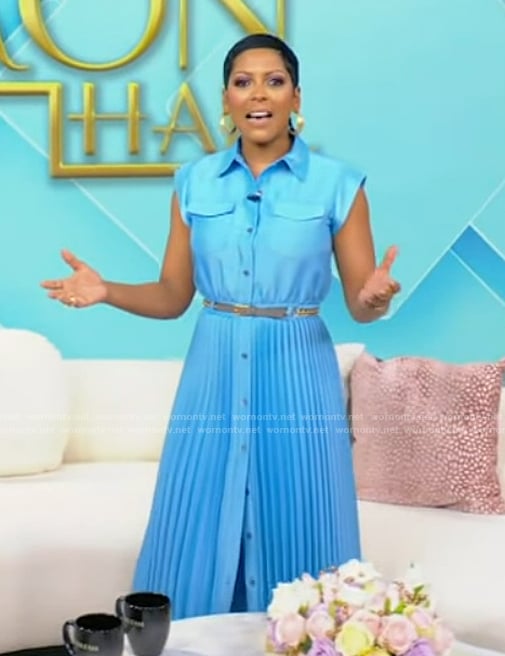 Tamron’s blue pleated shirtdress on Tamron Hall Show
