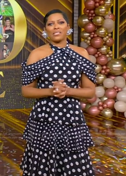 Tamron’s polka dot print ruffle dress on Tamron Hall Show
