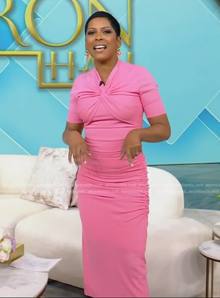 Tamron’s pink twist neck dress on Tamron Hall Show
