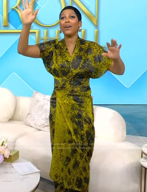 Tamron’s green printed wrap dress on Tamron Hall Show