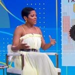 Tamron Hall’s yellow pleated chiffon dress on Good Morning America