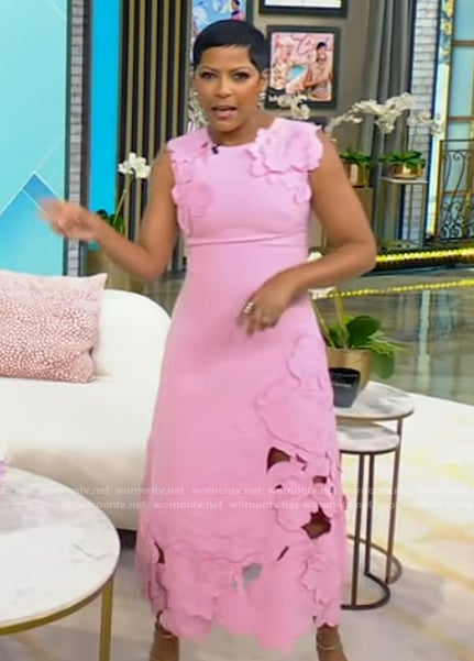 Tamron’s pink floral lace dress on Tamron Hall Show