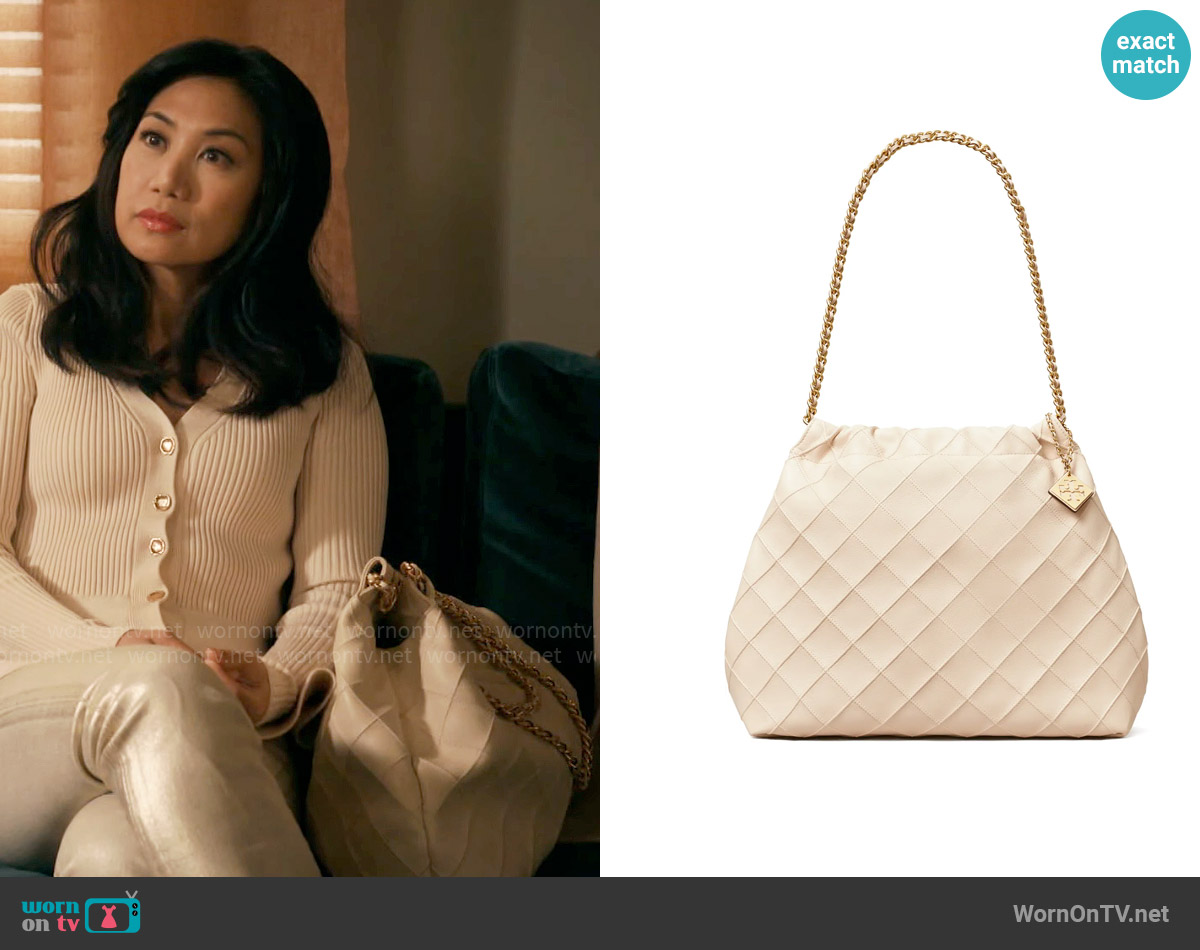 Tory Burch Fleming Soft Quilted Leather Hobo Bag in New Cream worn by Melody Bayani (Liza Lapira) on The Equalizer