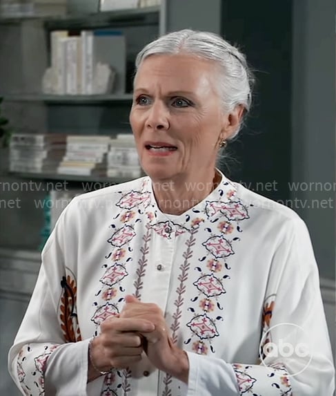 Tracy’s white printed oversized blouse on General Hospital