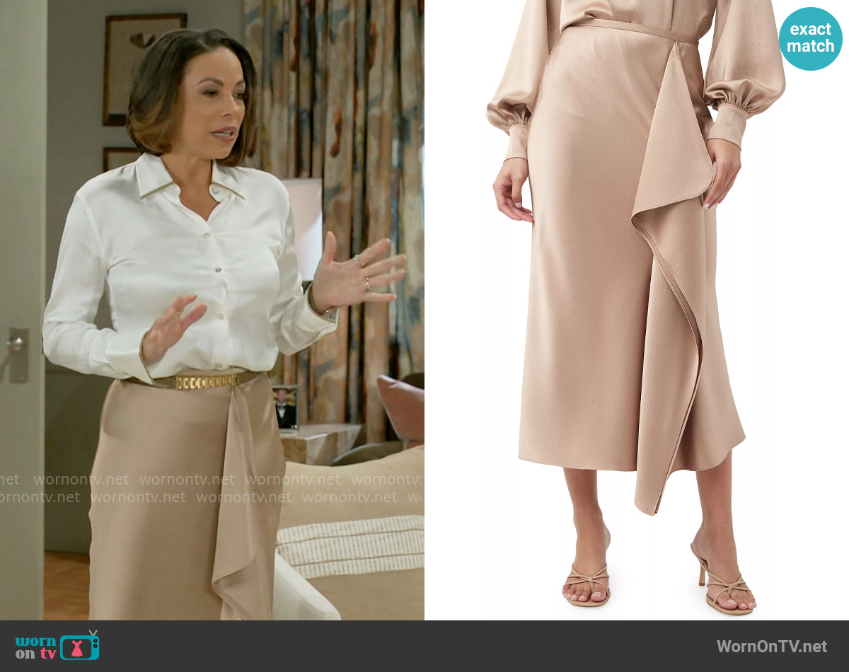 Trina Turk Sahel Satin Asymmetric Midi-Skirt worn by Nicole Dupree Richardson (Daphnee Duplaix) on Beyond the Gates