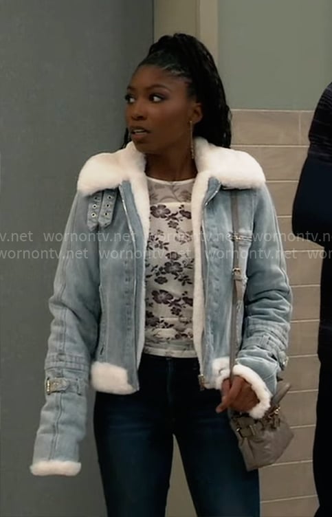 Trina’s white floral top and denim jacket on General Hospital