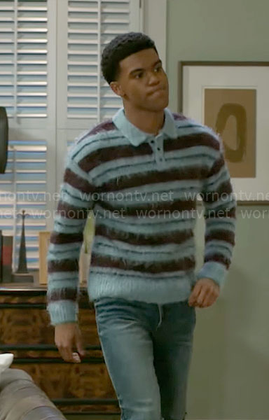 Tyrell’s blue fluffy striped polo sweater on Beyond the Gates