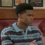 Tyrell’s blue fluffy striped polo sweater on Beyond the Gates