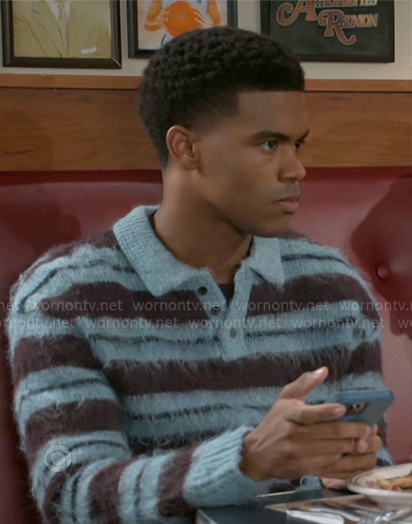 Tyrell’s blue fluffy striped polo sweater on Beyond the Gates
